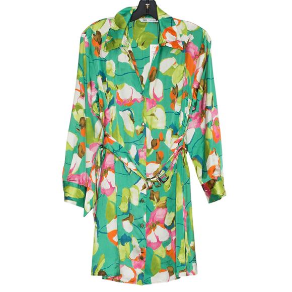 Zara Dresses & Skirts - NWT Zara Shirt Dress Boho Garden Party Feminine Floral Satin Belted Green Small